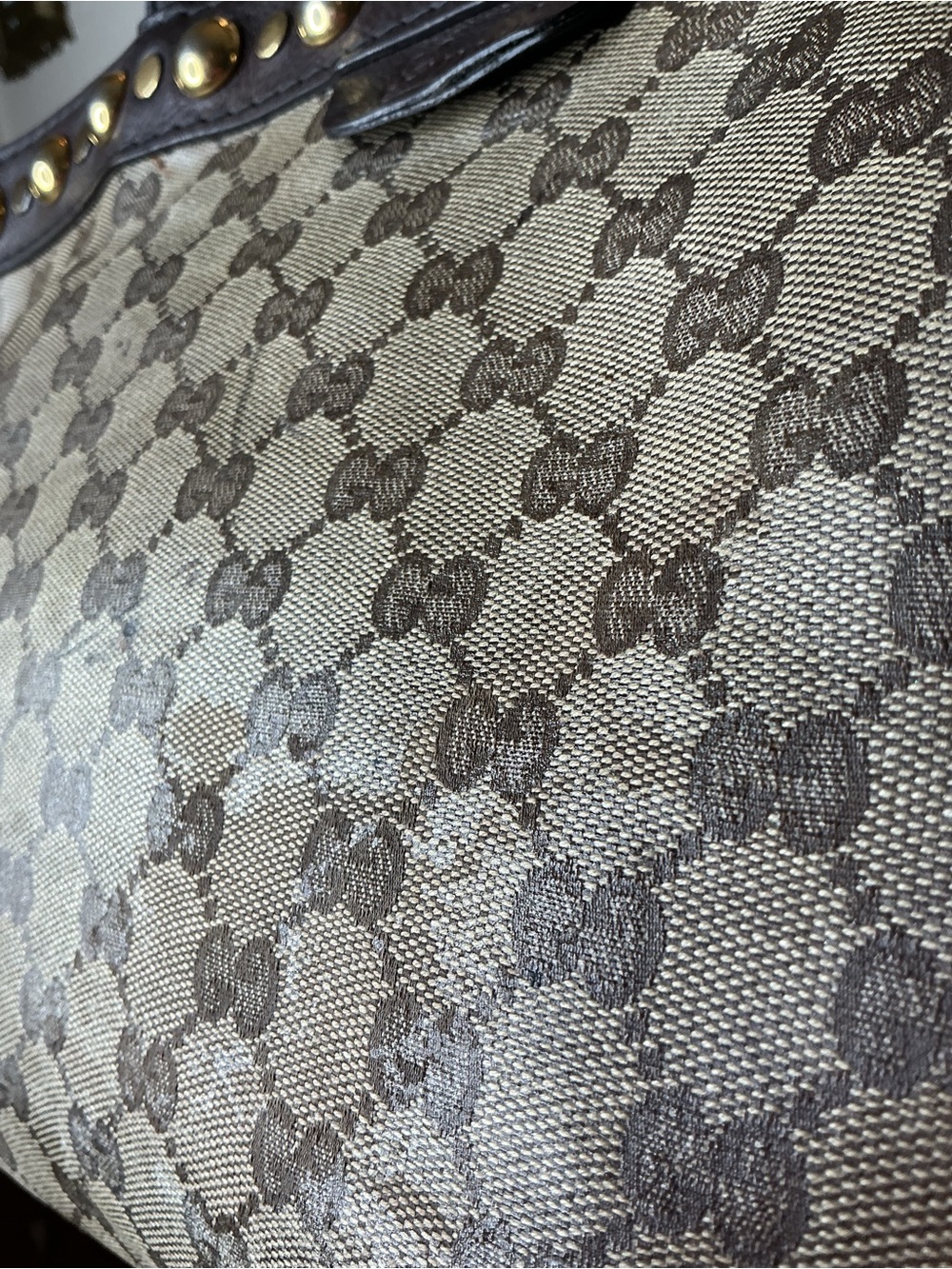 Gucci Brown Monogram Tote Bag with Stud Trim - Picture 15 of 16